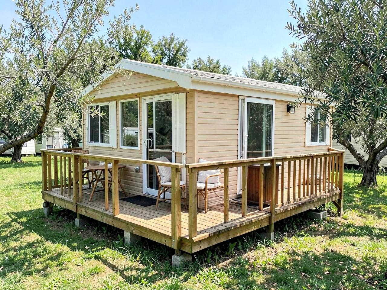 Mobil-home avec terrasse en bois dans un camping verdoyant